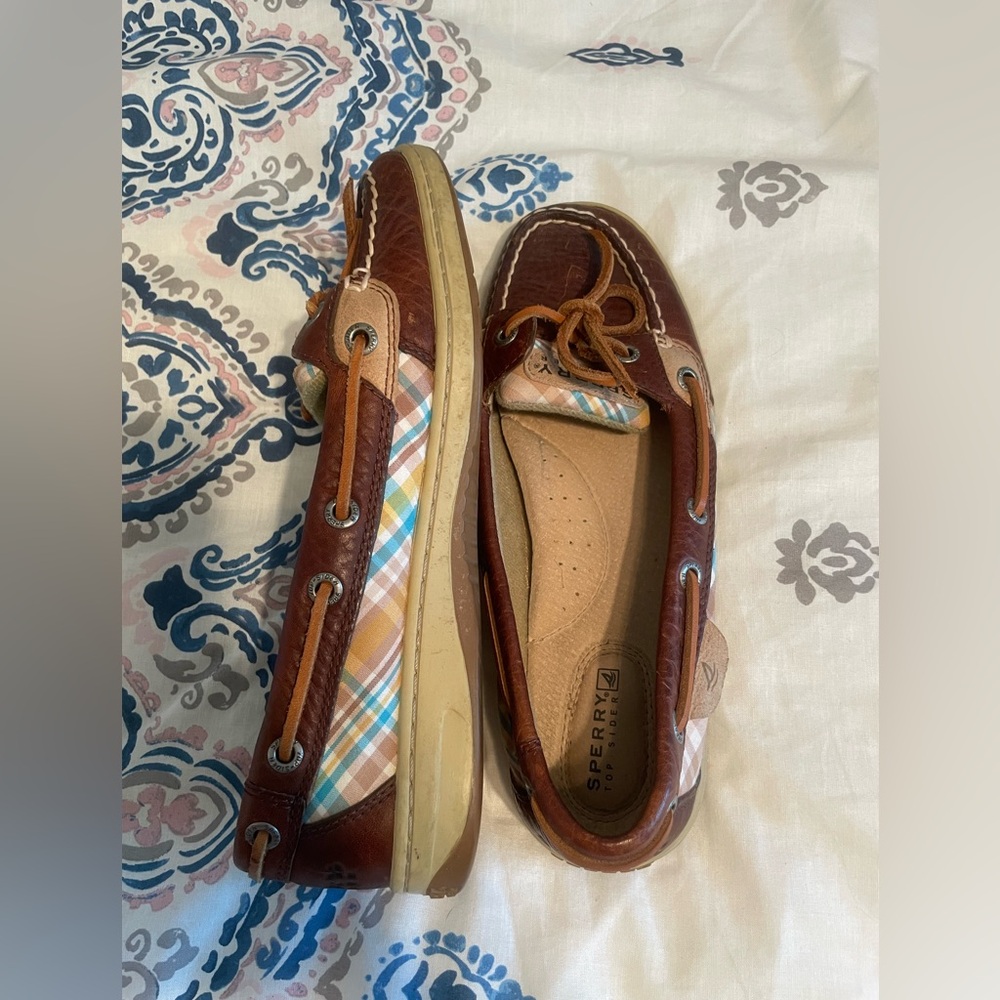 Sperry Topsiders Angelfish Boat Shoes - dark brown leather with blue & tan plaid